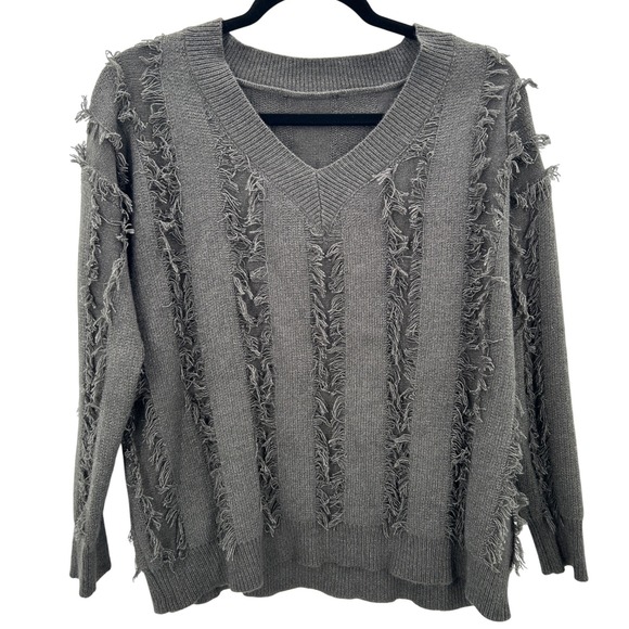 Sweaters - Women's Charcoal Green Boho Grunge Fringe Detail Wool Blend Sweater Size Large‎